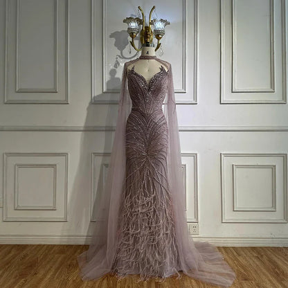 Luxury Caramel Feathers Beaded Evening Dress with Cape for Formal Occasion LA72882