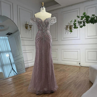 Luxury Pink Beaded Tassel Off-the-Shoulder Evening Dress Dubai Style LA73204