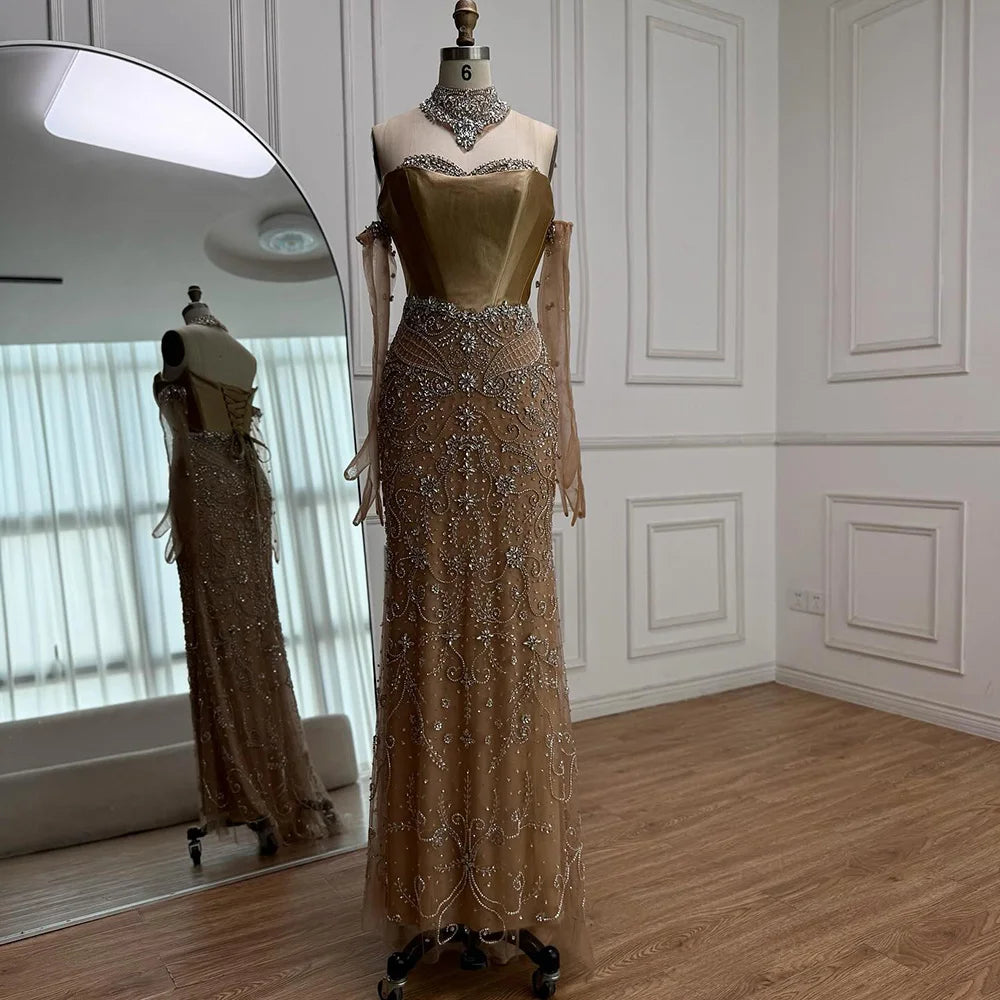 Saudi Nude Beaded Corset Mermaid Evening Dress with Gloves LA72929