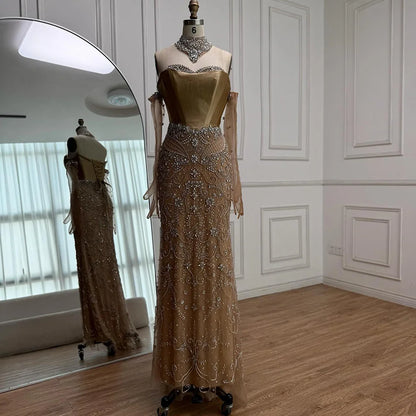Saudi Nude Beaded Corset Mermaid Evening Dress with Gloves LA72929