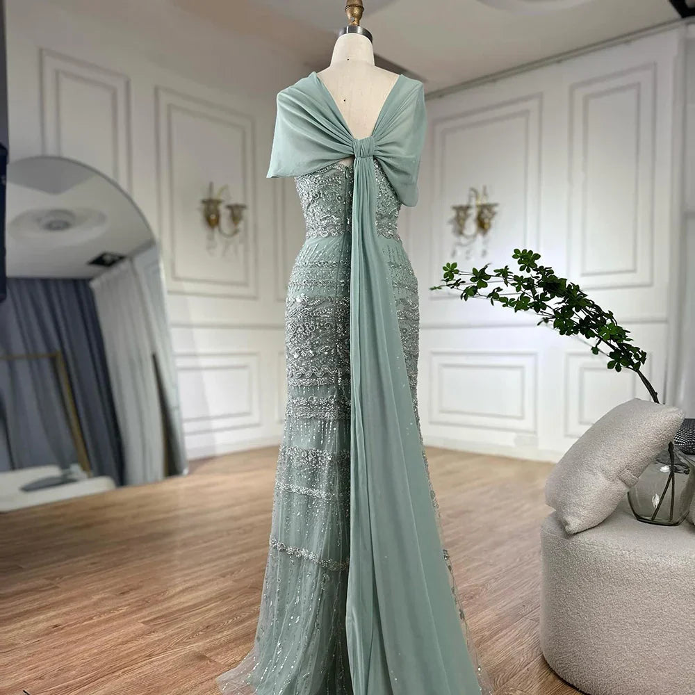 Elegant Sage Green Beaded Evening Dress with Sheer Cape LA72126B