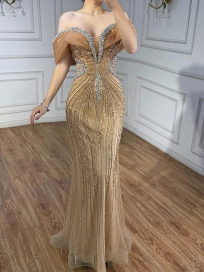 Luxury Gold Crystal Beaded Mermaid Evening Dress Party Gown LA73142A