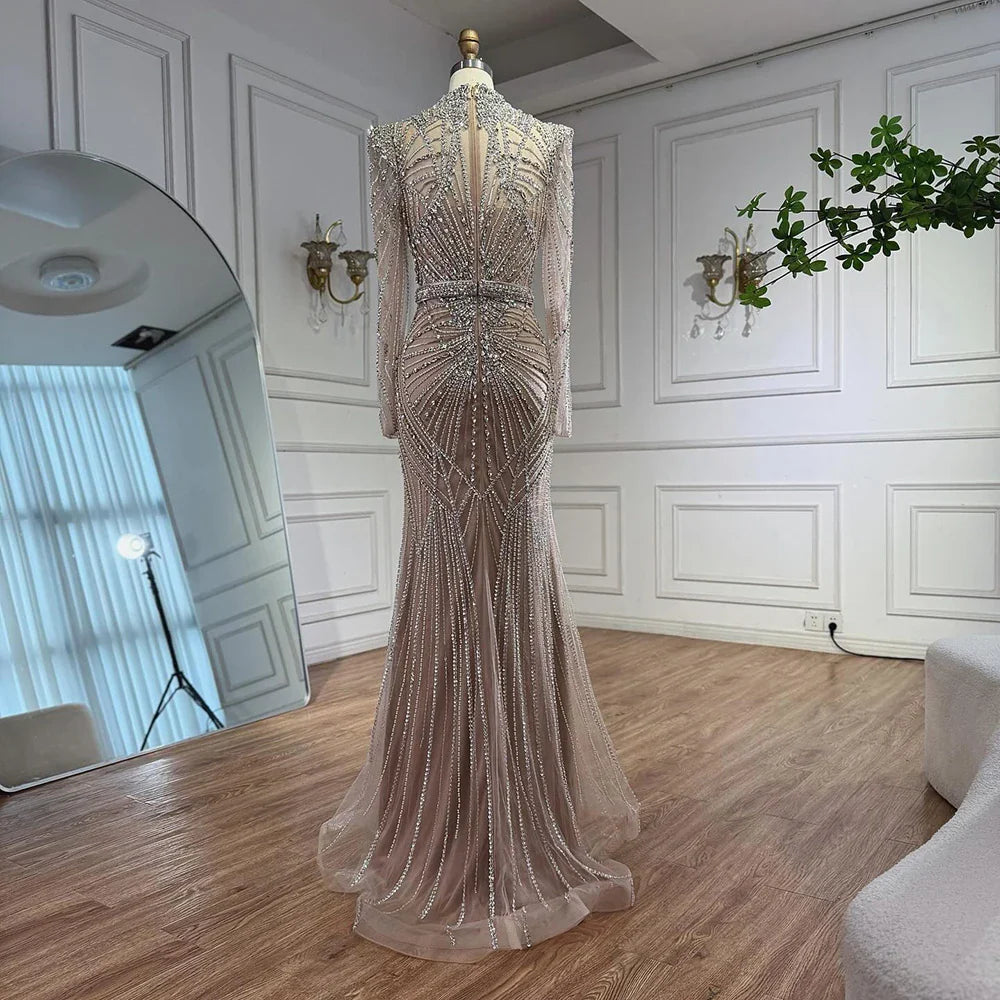 Wine Red Modest Mermaid Beaded Evening Dress LA73203