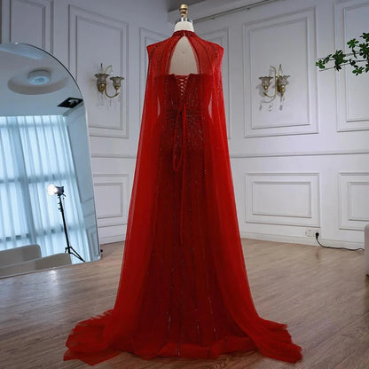 Red Beaded Mermaid Luxury Evening Dress with Cape LA72811A