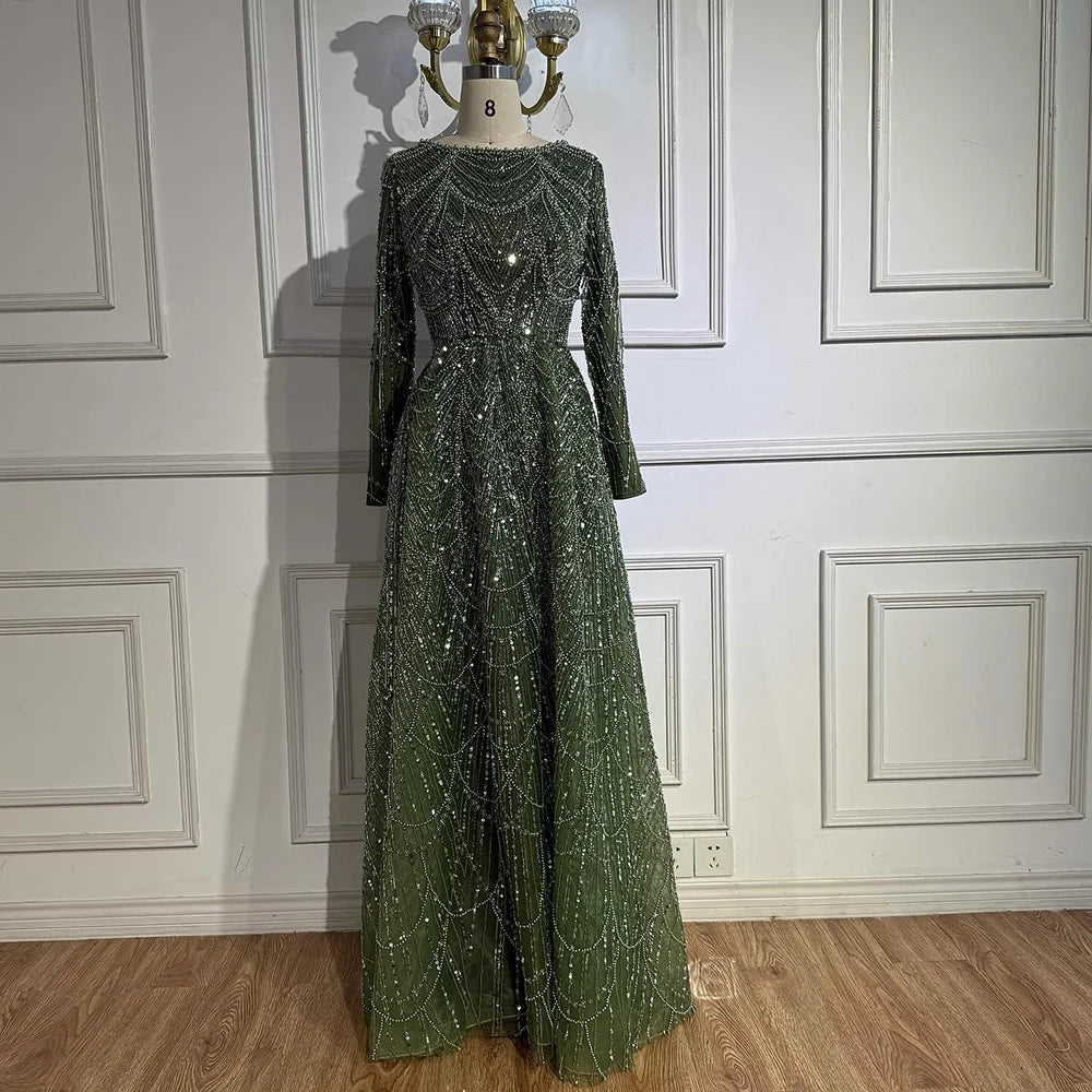 Olive Green Beaded A-Line Modest Evening Dress Plus Size LA72738B