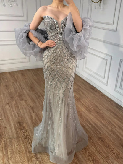 Nude Luxury Beaded Strapless Evening Dress with Detachable Puffy Cape LA73411