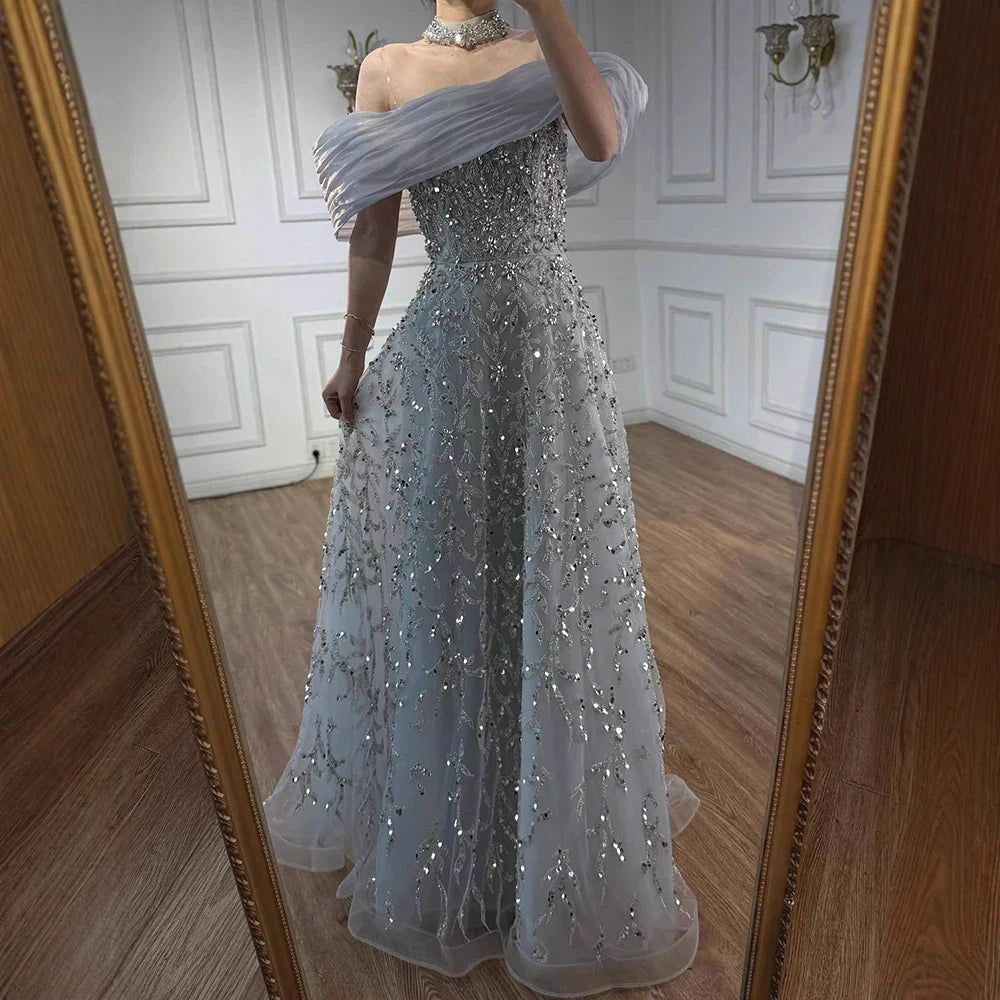 Glamorous Silver Gray Off-the-Shoulder Beaded Evening Dress Ball Gown LA73062