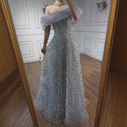 Glamorous Silver Gray Off-the-Shoulder Beaded Evening Dress Ball Gown LA73062