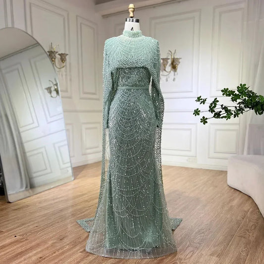 Elegant Modest Beaded Evening Dress with Detachable Cape MN72032M