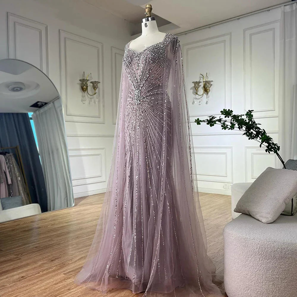 Dubai Pink Cape Sleeves Beaded Evening Dress Formal LA72575A