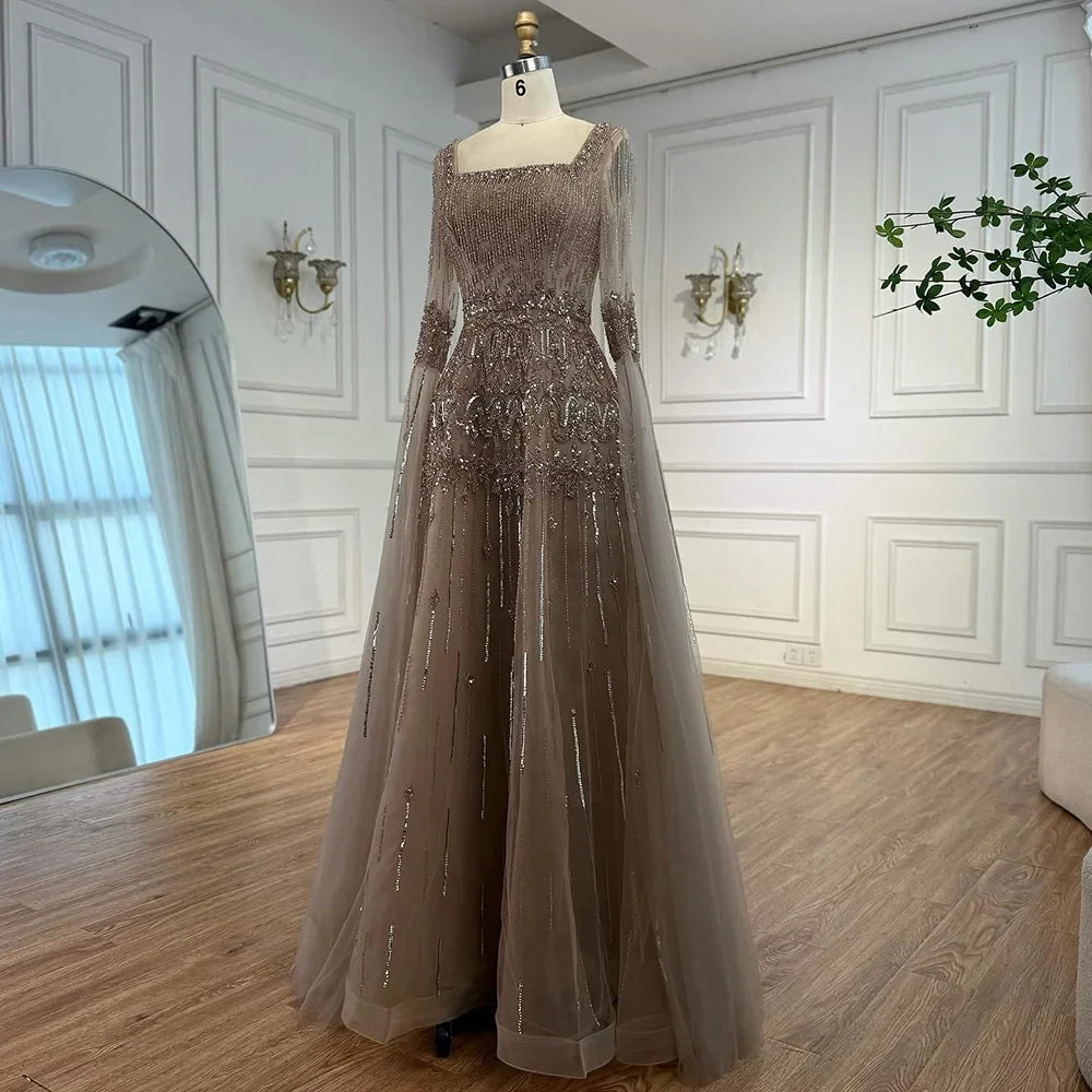 Green A-Line Beaded Evening Dress with Cape Sleeves LA73089