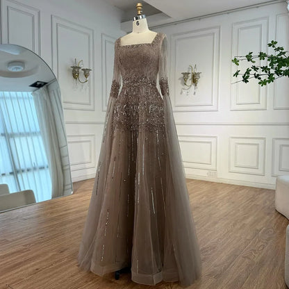 Green A-Line Beaded Evening Dress with Cape Sleeves LA73089