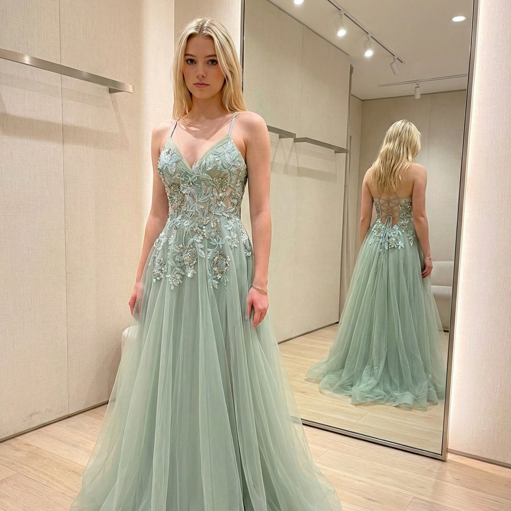 Sage Green Pastel A-Line Floral Prom Dress High Slit
