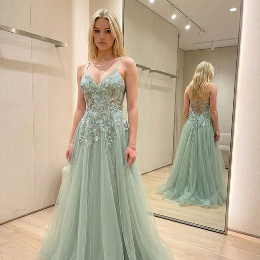 Sage Green Pastel A-Line Floral Prom Dress High Slit