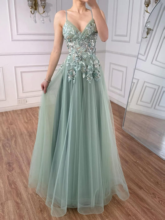 Sage Green Pastel A-Line Floral Prom Dress High Slit
