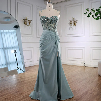 Sage Green Spaghetti Straps Sequined Satin Prom Dress with High Slit LA73032A
