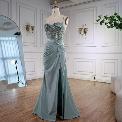 Sage Green Spaghetti Straps Sequined Satin Prom Dress with High Slit LA73032A