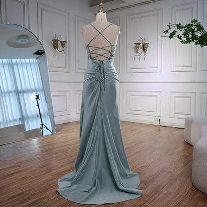 Sage Green Spaghetti Straps Sequined Satin Prom Dress with High Slit LA73032A