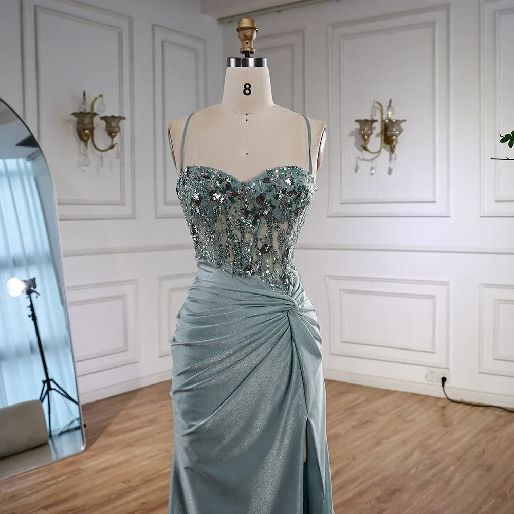 Sage Green Spaghetti Straps Sequined Satin Prom Dress with High Slit LA73032A