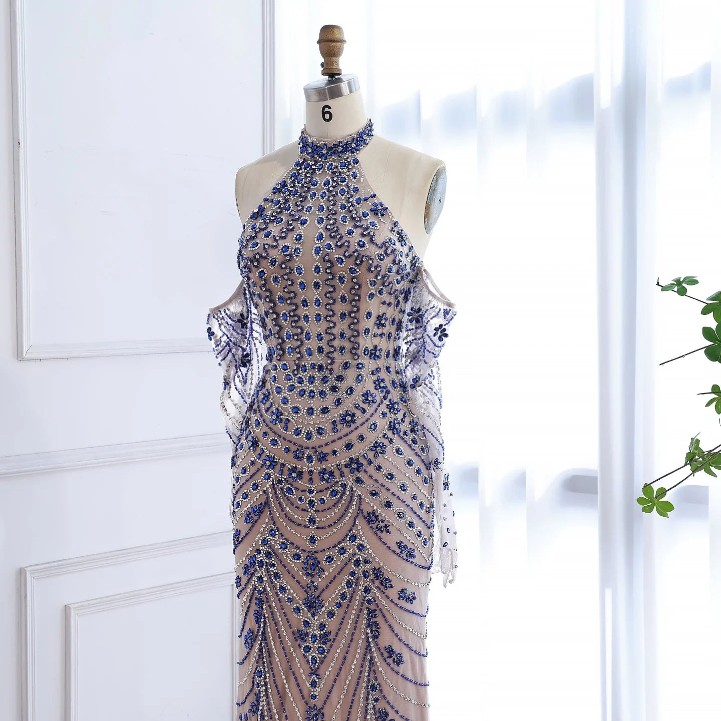 Halter Neck Blue Mermaid Luxury Evening Dress with Gloves LA72760C