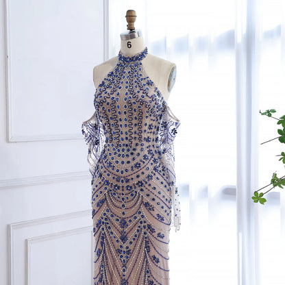 Halter Neck Blue Mermaid Luxury Evening Dress with Gloves LA72760C