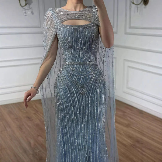 Elegant Blue Strapless Beaded Evening Dress with Cape LA73426