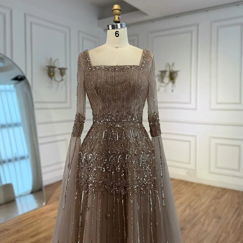 Green A-Line Beaded Evening Dress with Cape Sleeves LA73089