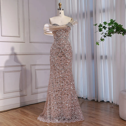 Nude Heady Beaded Off-the-Shoulder Mermaid Evening Dress LA73365A