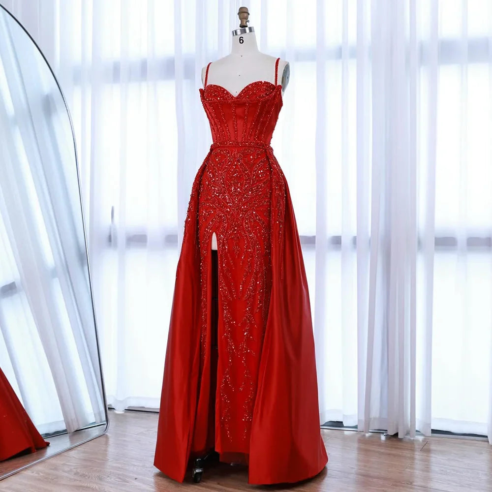 Red Beaded High Slit Evening Gown with Overskirt LA72936