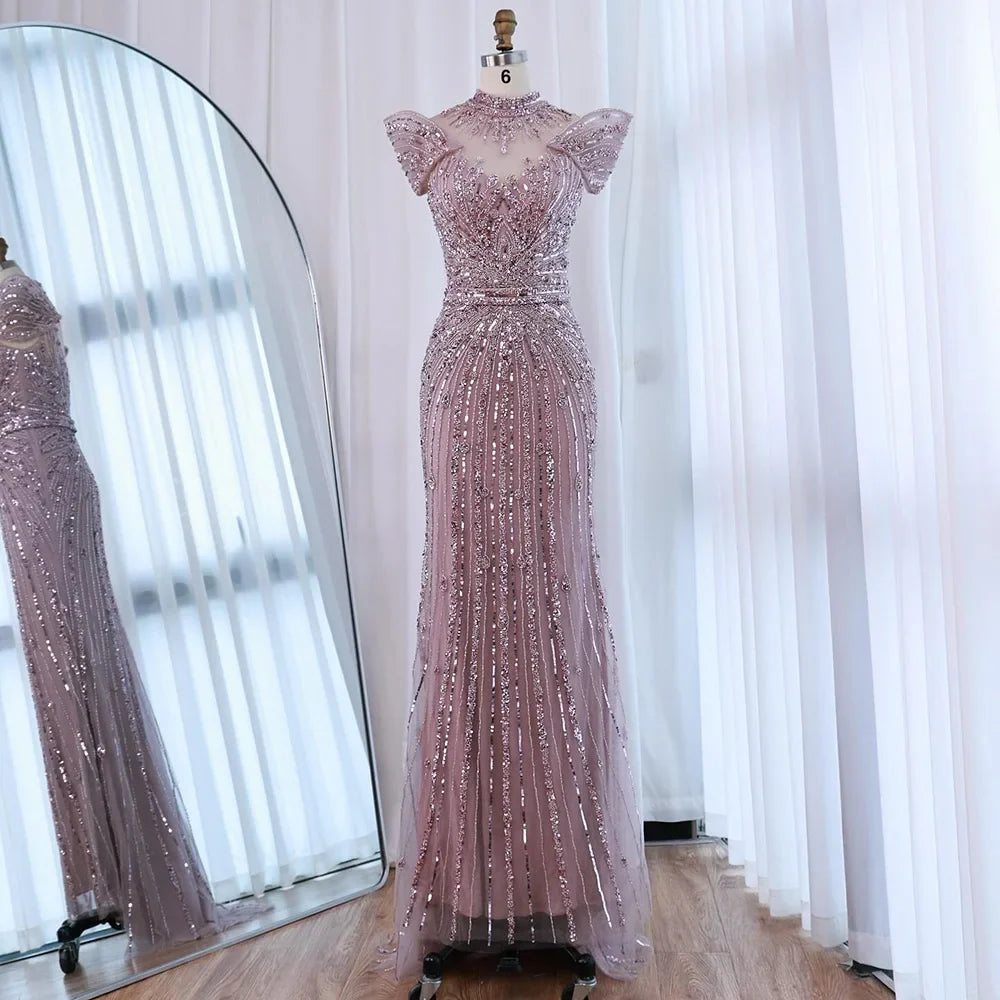 Saudi Arabic Modest High Neck Caramel Mermaid Beaded Evening Dress LA73082