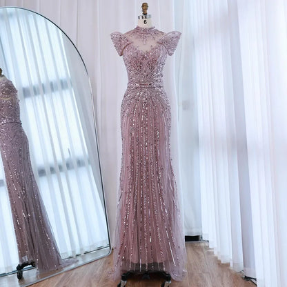 Saudi Arabic Modest High Neck Caramel Mermaid Beaded Evening Dress LA73082
