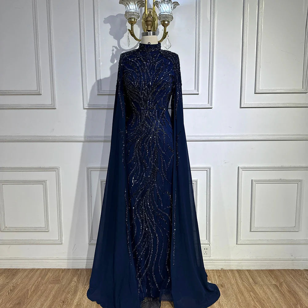 Luxury Modest Pink Evening Dress with Cape Long Sleeves Gown LA72413A
