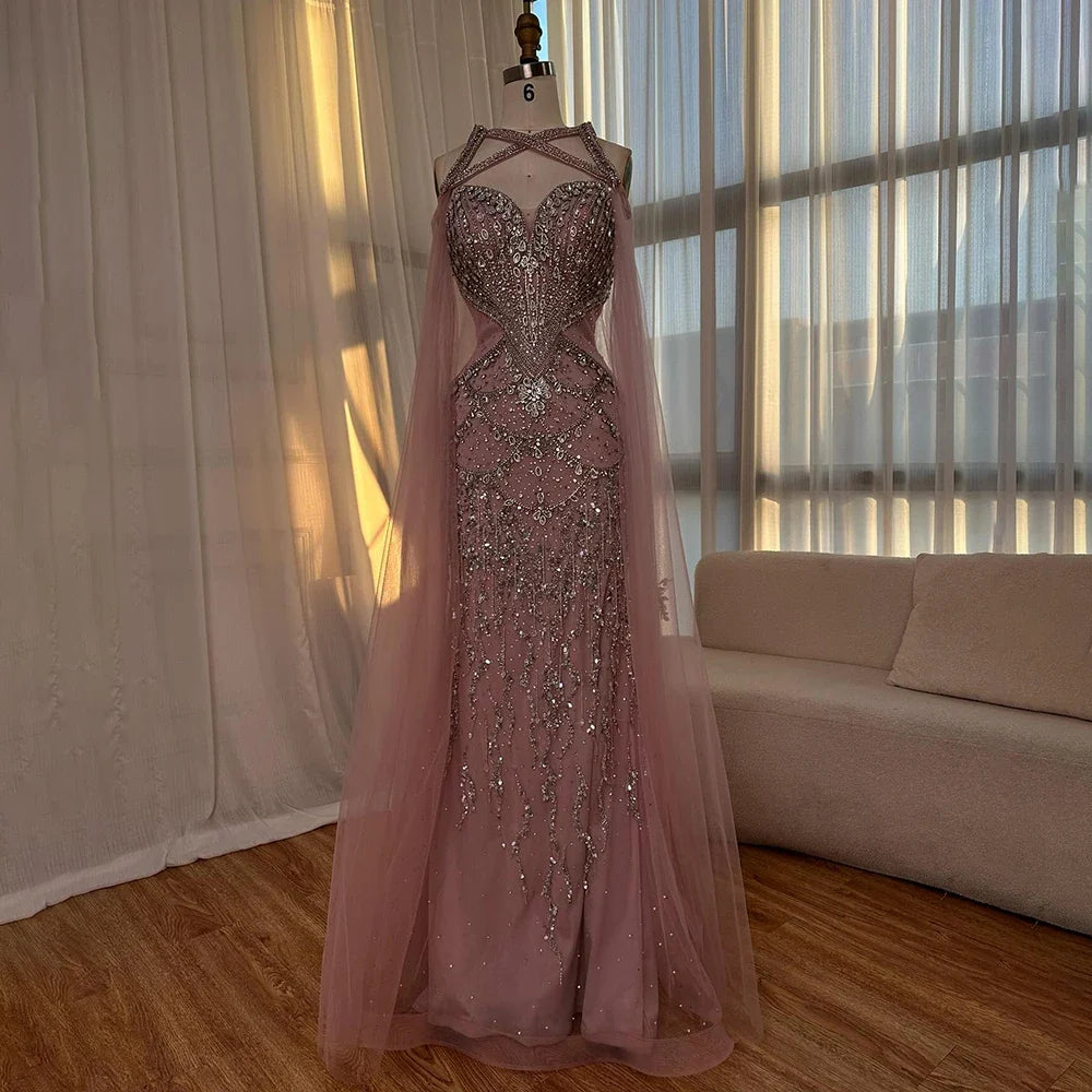 Pink Beaded Luxury Mermaid Evening Dress with Detachable Cape LA72806
