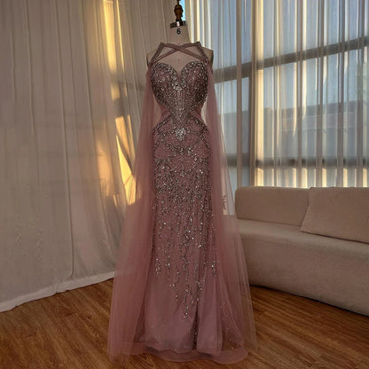 Pink Beaded Luxury Mermaid Evening Dress with Detachable Cape LA72806