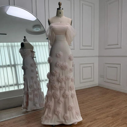 Elegant Pink 3D Flower Off-the-Shoulder Mermaid Evening dress LA72943