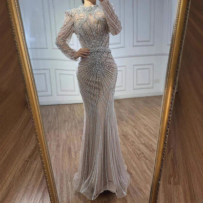 Wine Red Modest Mermaid Beaded Evening Dress LA73203