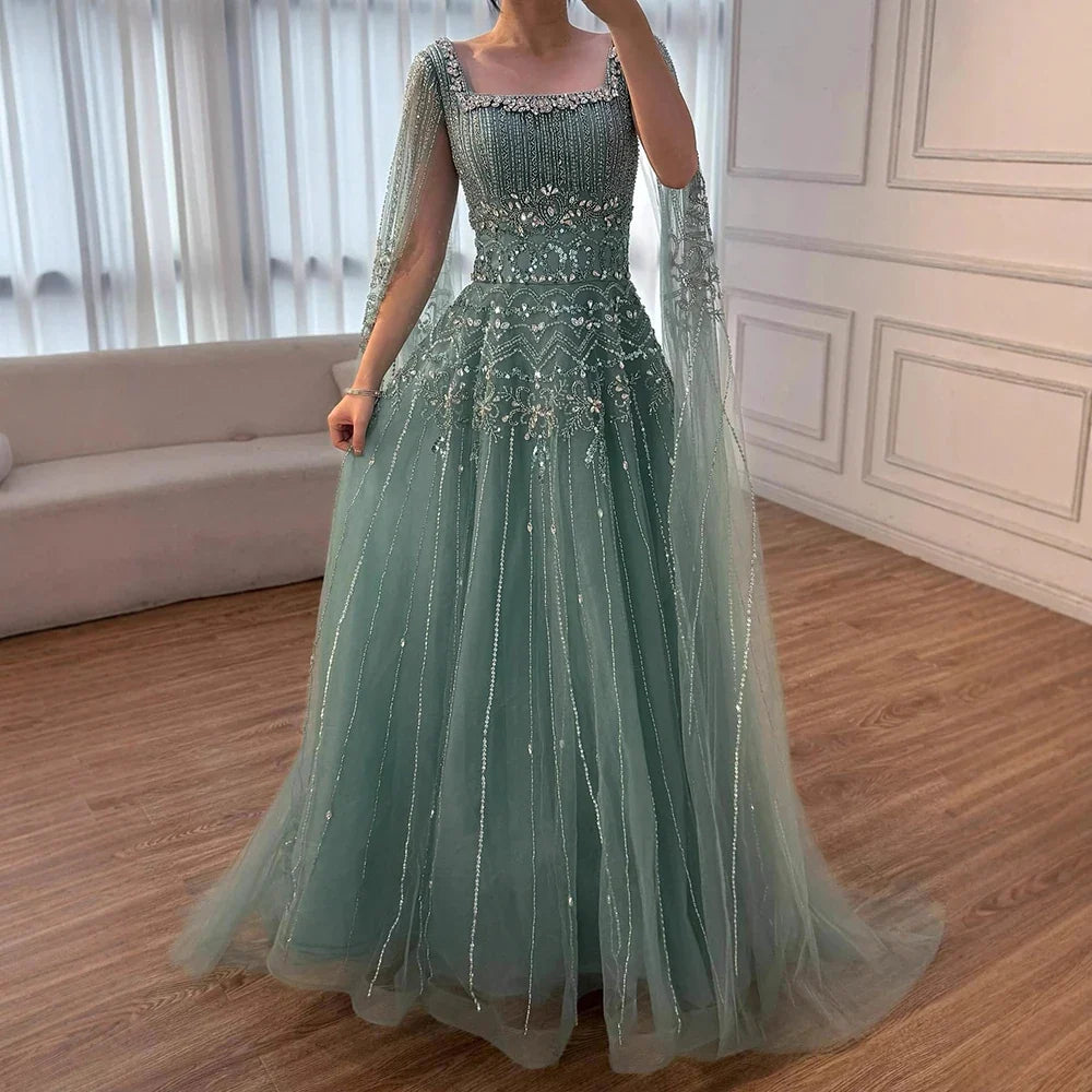 Caramel Beaded A-Line Evening Dress with Cape Sleeves LA73089A