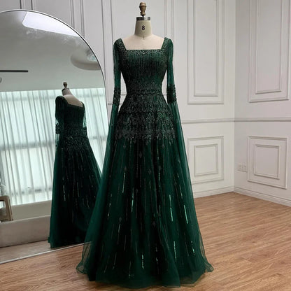 Green A-Line Beaded Evening Dress with Cape Sleeves LA73089