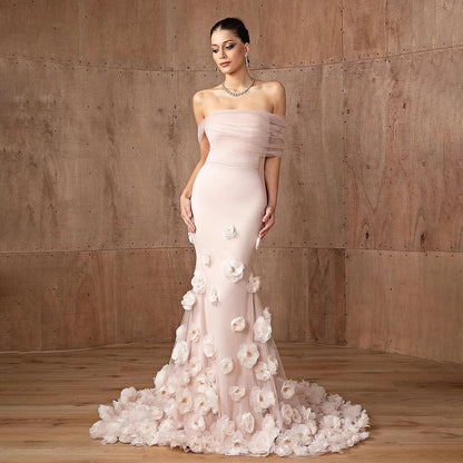 Elegant Pink 3D Flower Off-the-Shoulder Mermaid Evening dress LA72943