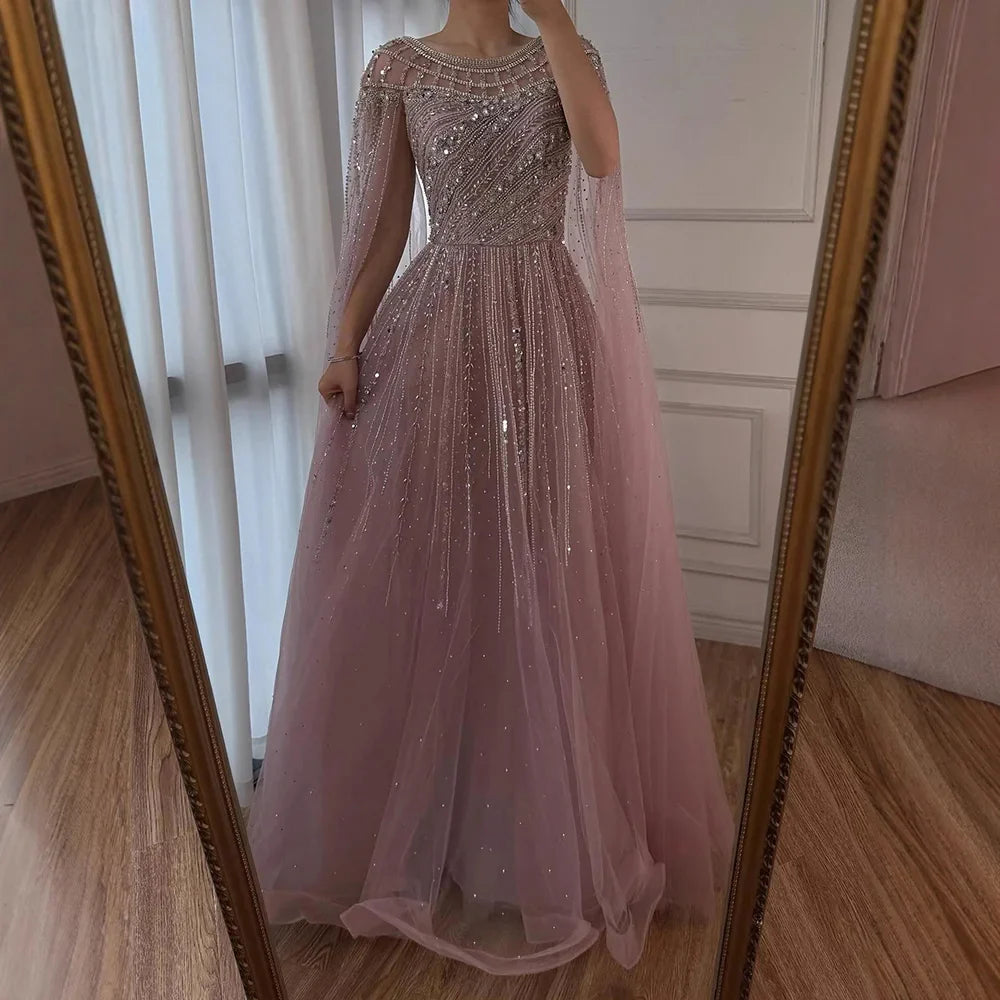 Saudi Arabic Modest Pink Beaded Evening Dress Party Gown LA72994