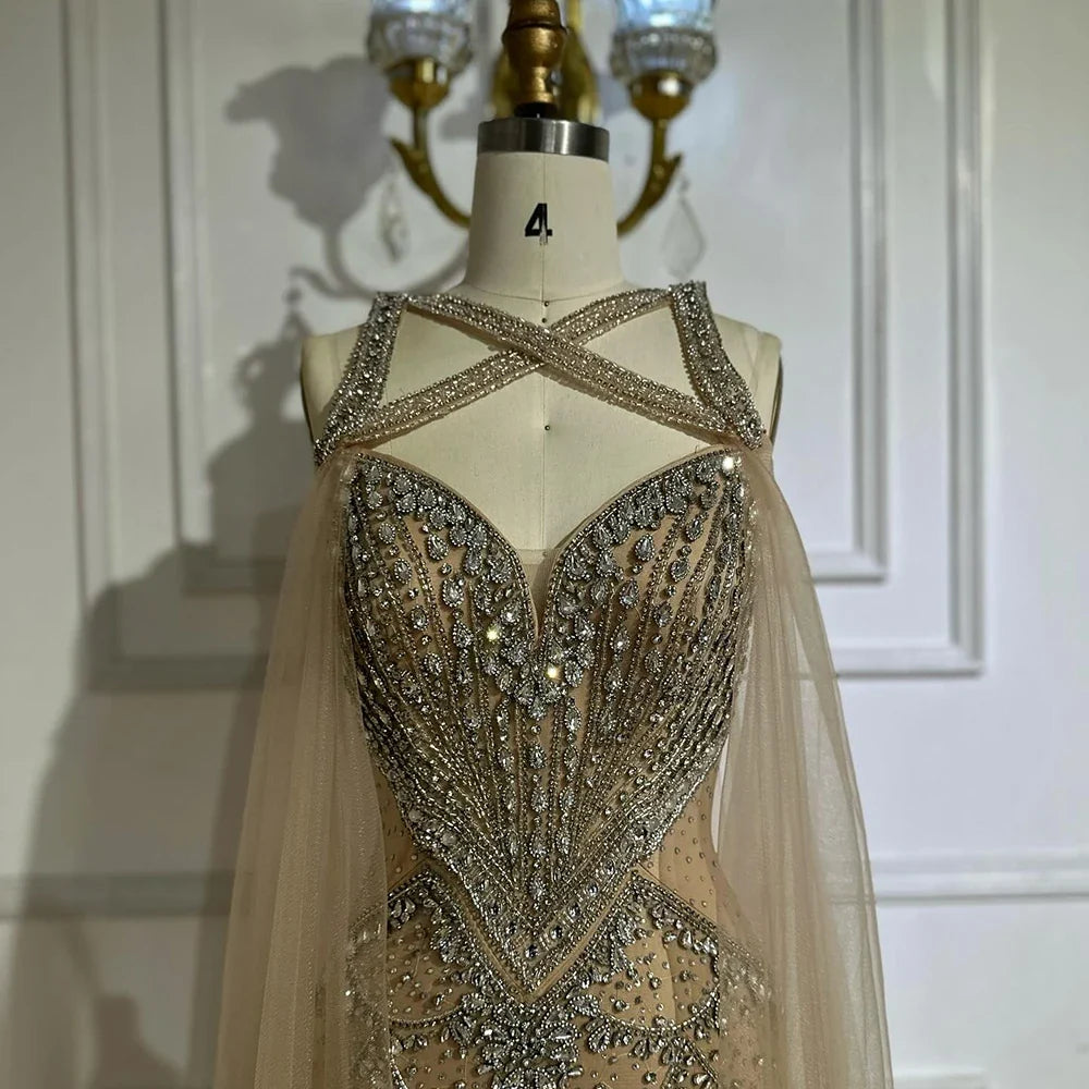Pink Beaded Luxury Mermaid Evening Dress with Detachable Cape LA72806