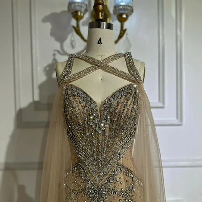 Pink Beaded Luxury Mermaid Evening Dress with Detachable Cape LA72806