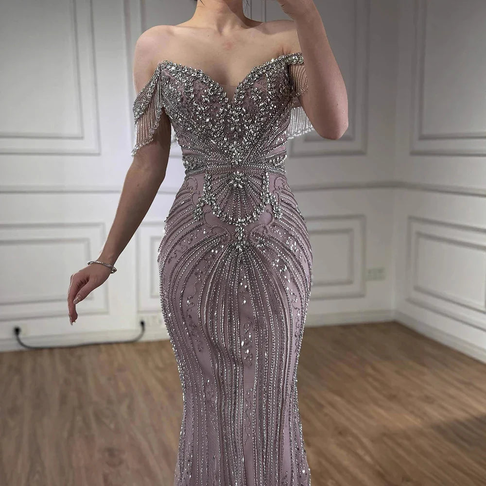 Luxury Pink Beaded Tassel Off-the-Shoulder Evening Dress Dubai Style LA73204