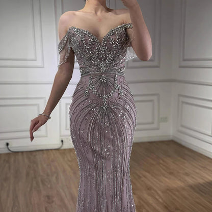 Luxury Pink Beaded Tassel Off-the-Shoulder Evening Dress Dubai Style LA73204