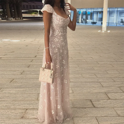 Luxury Pink Floral Appliqué Evening Dress with Open Back LA73119