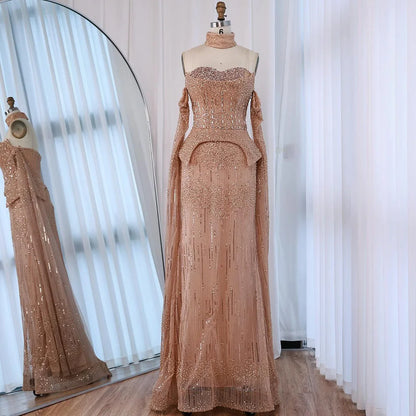 Luxury Gray Beaded Evening Dress with Detachable Sleeves LA73076