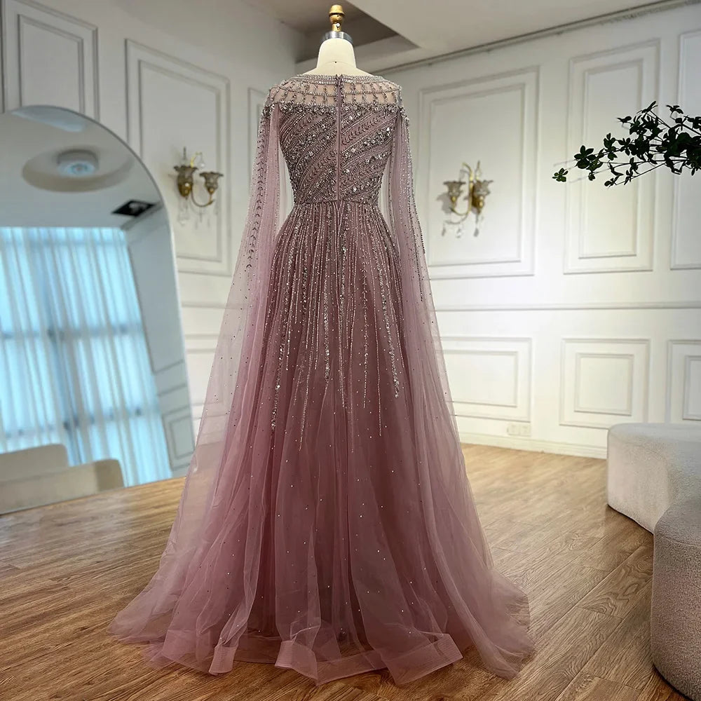 Saudi Arabic Modest Pink Beaded Evening Dress Party Gown LA72994
