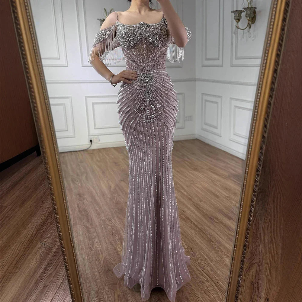 Luxury Nude Pearls Beaded Mermaid Evening Dress Off-the-Shoulder LA73148