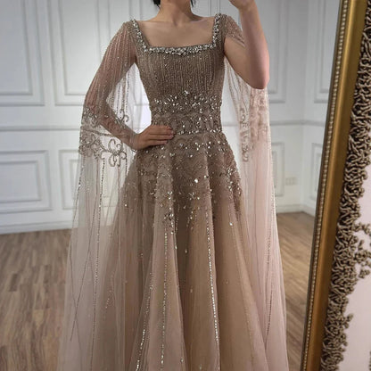 Caramel Beaded A-Line Evening Dress with Cape Sleeves LA73089A