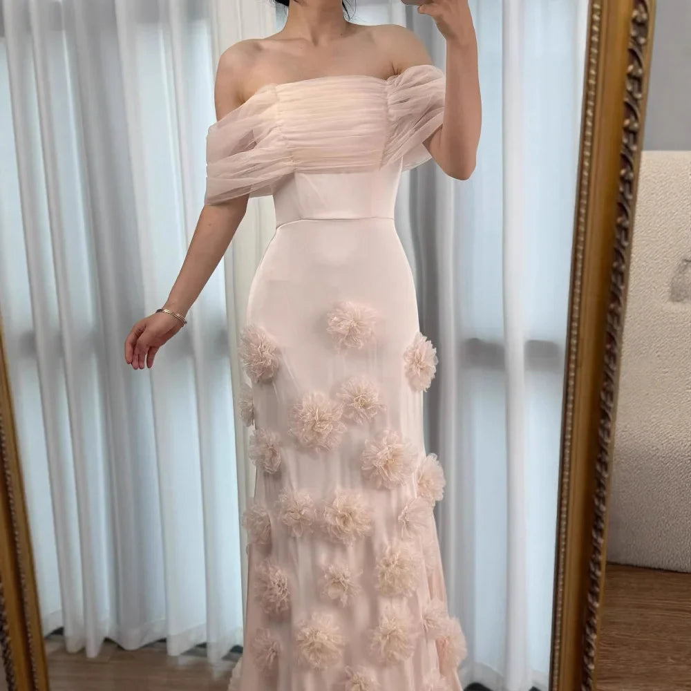 Elegant Pink 3D Flower Off-the-Shoulder Mermaid Evening dress LA72943